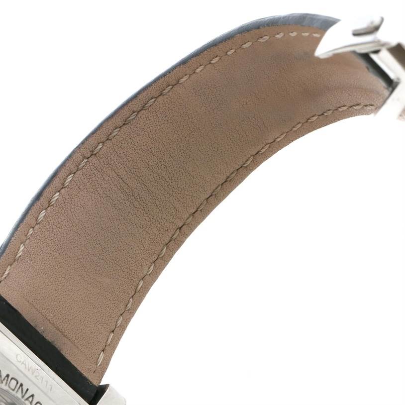 This image shows a close-up of the leather strap and partially visible clasp of the Tag Heuer Monaco CAW2111 Men's Stainless Steel Blue Dial CAW2111 Men's Stainless Steel Blue Dial watch.