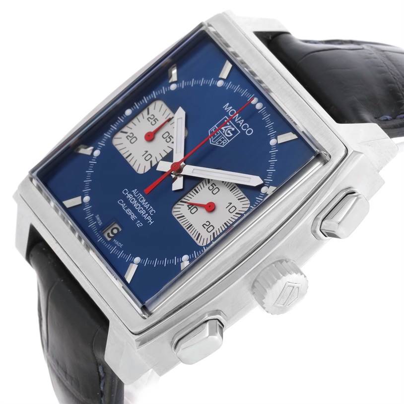 The Tag Heuer Monaco CAW2111 Men's Stainless Steel Blue Dial CAW2111 Men's Stainless Steel Blue Dial watch is shown at a slight angle, highlighting its face, side buttons, and part of the strap.