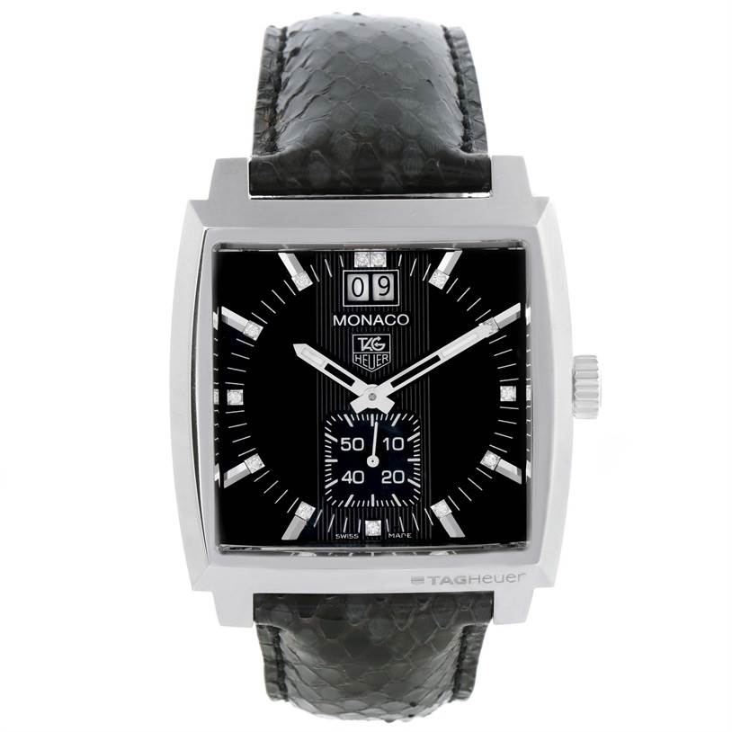 The image shows a front view of a Tag Heuer Monaco WAW1310.FC6216 Men's Stainless Steel Black Dial WAW1310.FC6216 Men's Stainless Steel Black Dial model watch with a black dial and leather strap.