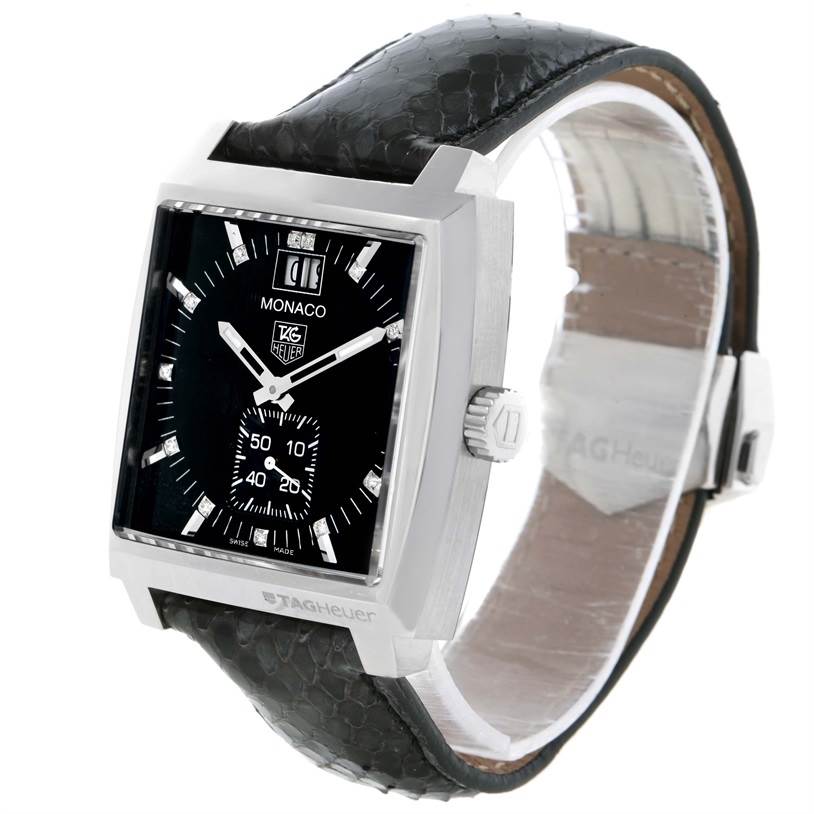 The Tag Heuer Monaco WAW1310.FC6216 Men's Stainless Steel Black Dial WAW1310.FC6216 Men's Stainless Steel Black Dial watch is shown at a three-quarter angle, highlighting the dial, case, crown, and leather strap.