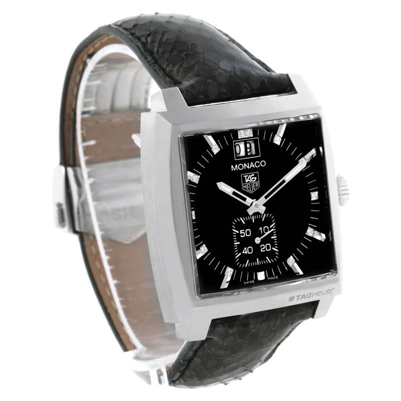The image shows a Tag Heuer Monaco WAW1310.FC6216 Men's Stainless Steel Black Dial WAW1310.FC6216 Men's Stainless Steel Black Dial watch with a black leather strap, viewed from a front-angle slightly to the right.