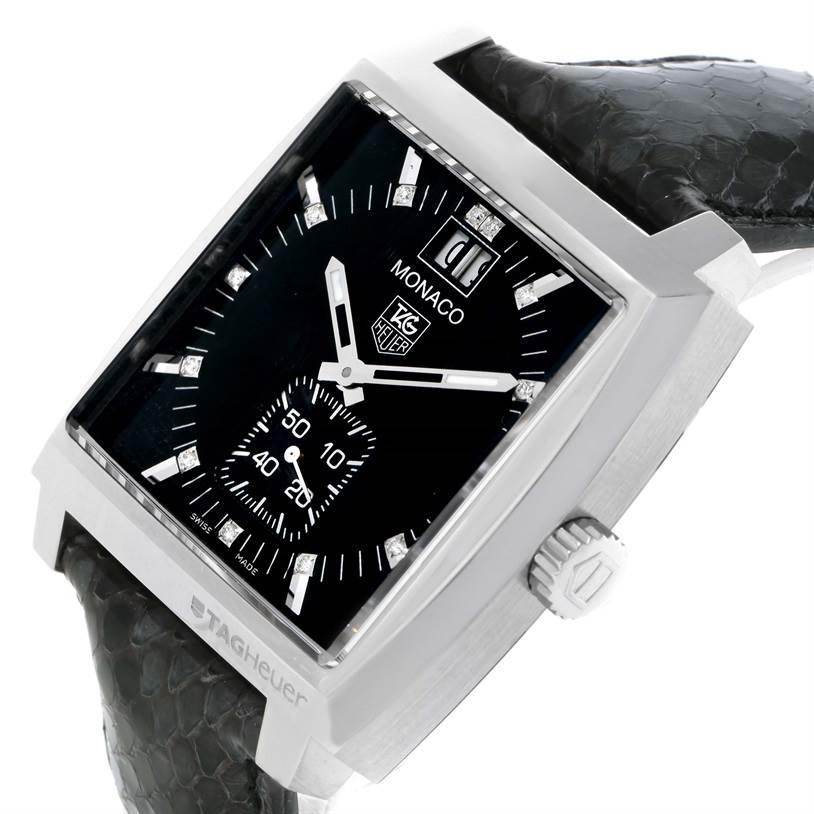 The image shows a close-up of the Tag Heuer Monaco WAW1310.FC6216 Men's Stainless Steel Black Dial WAW1310.FC6216 Men's Stainless Steel Black Dial watch, highlighting its square face, black dial, and leather strap.