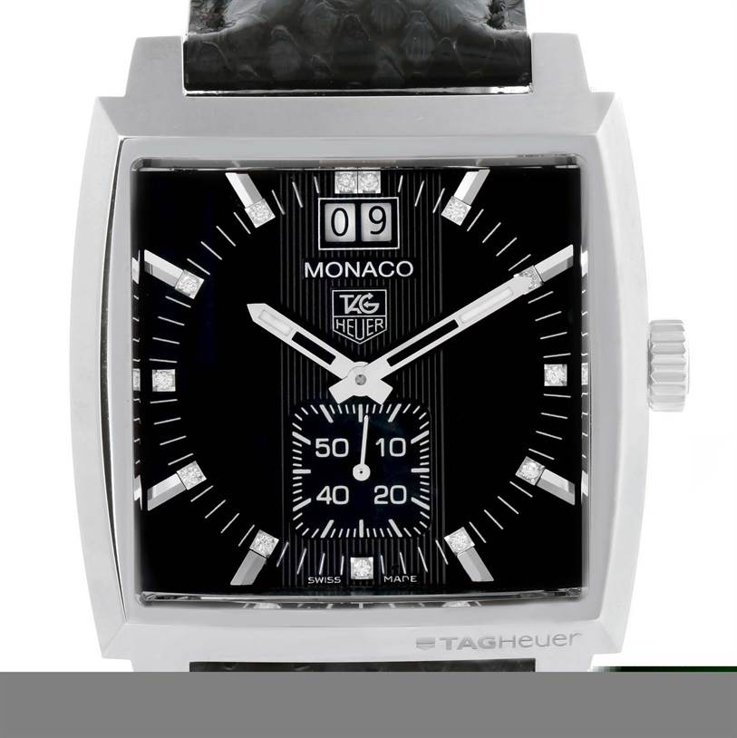The image shows a front view of a Tag Heuer Monaco WAW1310.FC6216 Men's Stainless Steel Black Dial WAW1310.FC6216 Men's Stainless Steel Black Dial watch, highlighting its square face, dial, hands, and strap.