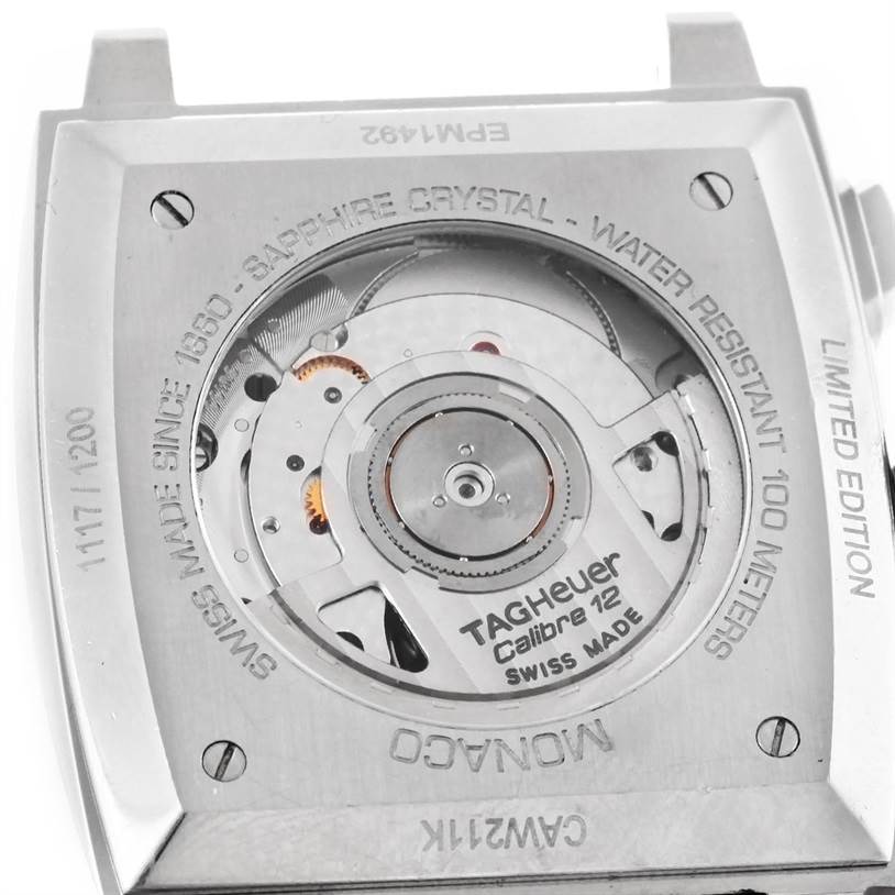 The image is a rear view of the movement and caseback of the Tag Heuer Monaco Limited Edition watch.
