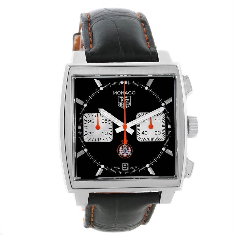 This is a frontal view of the Tag Heuer Monaco Limited Edition watch, showcasing its black dial and leather strap.