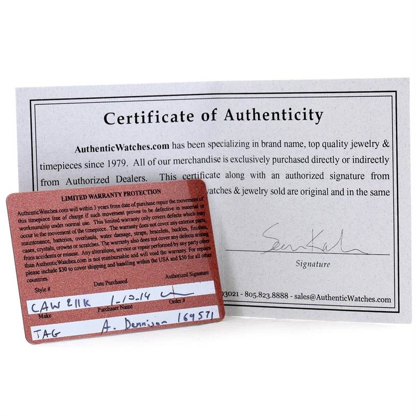 The image shows the Certificate of Authenticity and Limited Warranty card for the Tag Heuer model CAW211K Limited Edition watch.