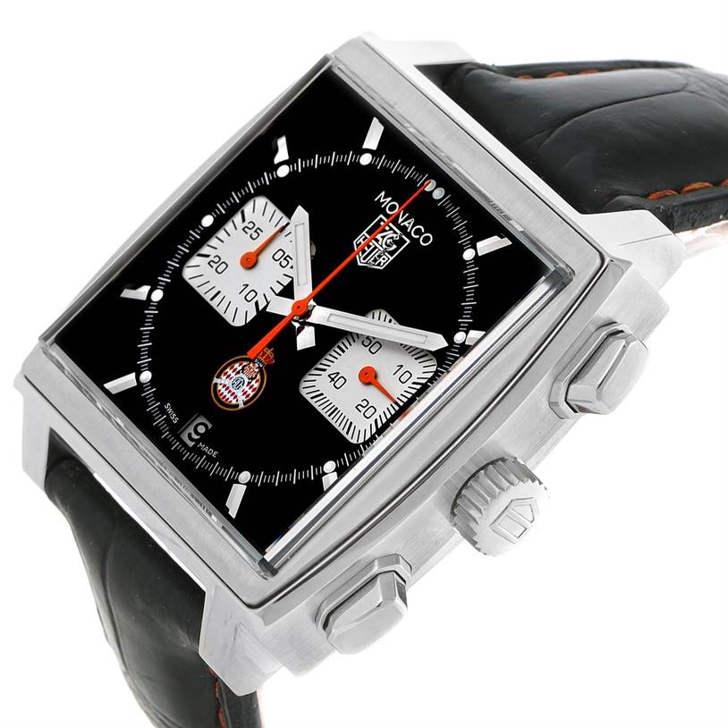 The image shows a limited edition TAG Heuer Monaco watch at an angled view, highlighting the dial, case, crown, and part of the strap.