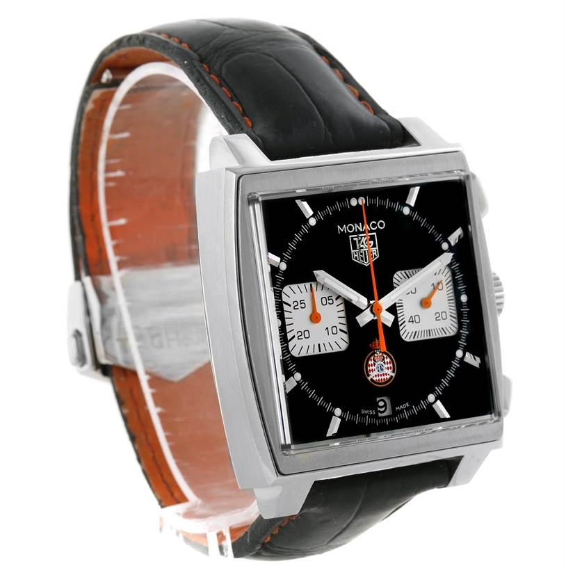 The Tag Heuer Monaco Limited Edition watch is shown at a slight angle highlighting the square case, black dial, and black leather strap.