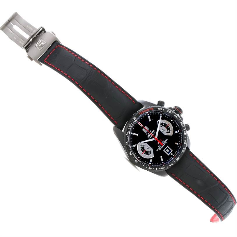 The Tag Heuer Carrera CAV518B.FC6237 Men's Stainless Steel Black Dial CAV518B.FC6237 Men's Stainless Steel Black Dial watch is shown from a top-down angle, displaying its face, strap, and deployment clasp.