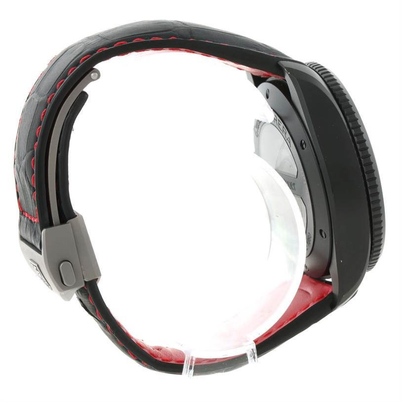 Side view of the Tag Heuer Carrera CAV518B.FC6237 Men's Stainless Steel Black Dial CAV518B.FC6237 Men's Stainless Steel Black Dial watch showcasing the strap, clasp, and case back.