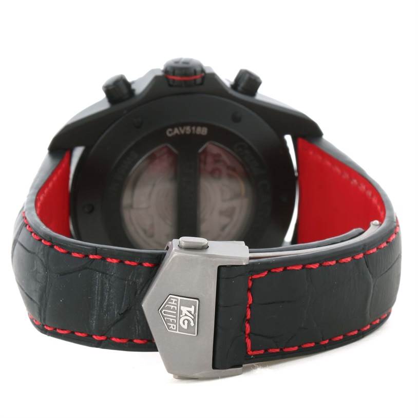 The image shows the back view of a Tag Heuer Carrera CAV518B.FC6237 Men's Stainless Steel Black Dial CAV518B.FC6237 Men's Stainless Steel Black Dial watch, focusing on its buckle and inner strap details.