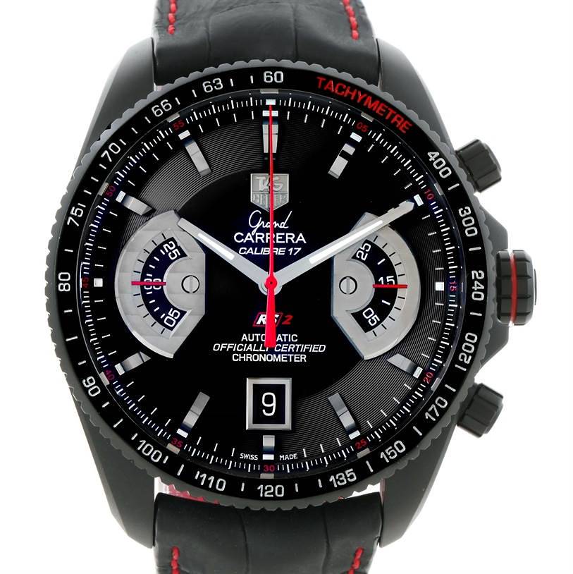 The Carrera model by Tag Heuer is shown from a front angle, displaying its dial, bezel, and pushers clearly.