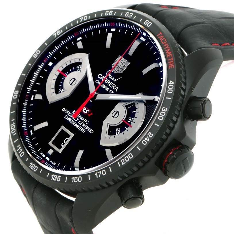 This image shows a side view of a Tag Heuer Carrera CAV518B.FC6237 Men's Stainless Steel Black Dial CAV518B.FC6237 Men's Stainless Steel Black Dial watch, highlighting its black dial, tachymeter bezel, and leather strap.