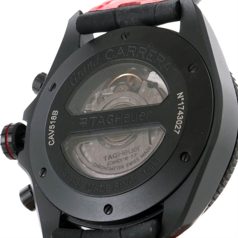 This image shows the back of a Tag Heuer Carrera CAV518B.FC6237 Men's Stainless Steel Black Dial CAV518B.FC6237 Men's Stainless Steel Black Dial watch, featuring the movement and case details.