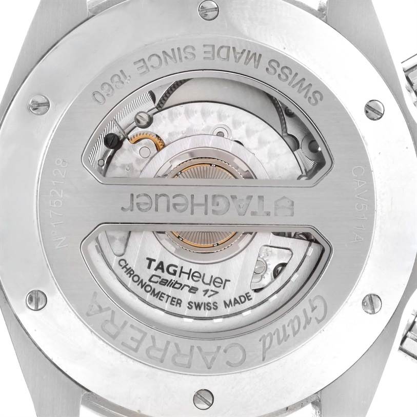 The image shows the back of a Tag Heuer Carrera CAV511A Men's Stainless Steel Black Dial CAV511A Men's Stainless Steel Black Dial watch, highlighting its Calibre 17 movement and inner mechanisms.