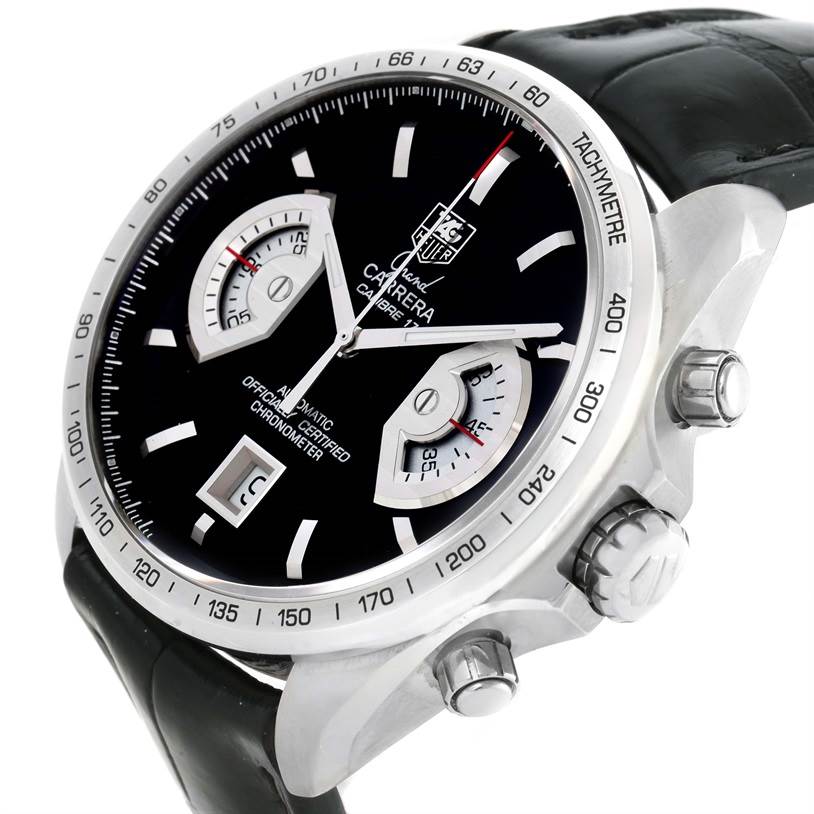 The image shows a Carrera model by Tag Heuer from an angled perspective, highlighting the watch face, bezel, crown, and pushers.