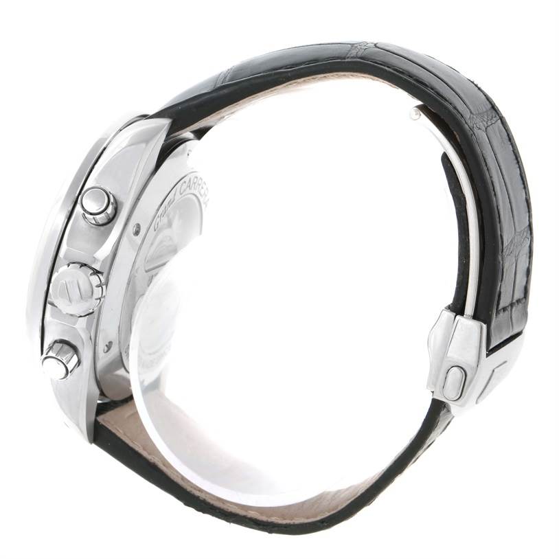 This image shows the side view of a Tag Heuer Carrera CAV511A Men's Stainless Steel Black Dial CAV511A Men's Stainless Steel Black Dial watch, highlighting the crown, pushers, and part of the leather strap.