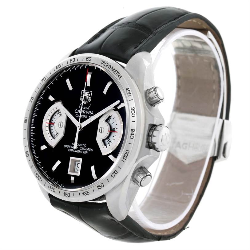 This image shows a side angle view of a Tag Heuer Carrera CAV511A Men's Stainless Steel Black Dial CAV511A Men's Stainless Steel Black Dial watch, showcasing its dial, crown, pushers, and leather strap.
