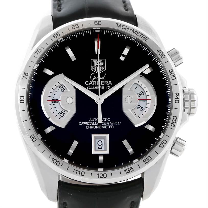 The image shows a frontal view of the Tag Heuer Carrera CAV511A Men's Stainless Steel Black Dial CAV511A Men's Stainless Steel Black Dial Calibre 17 watch, highlighting its black dial, chronographs, and tachymeter.
