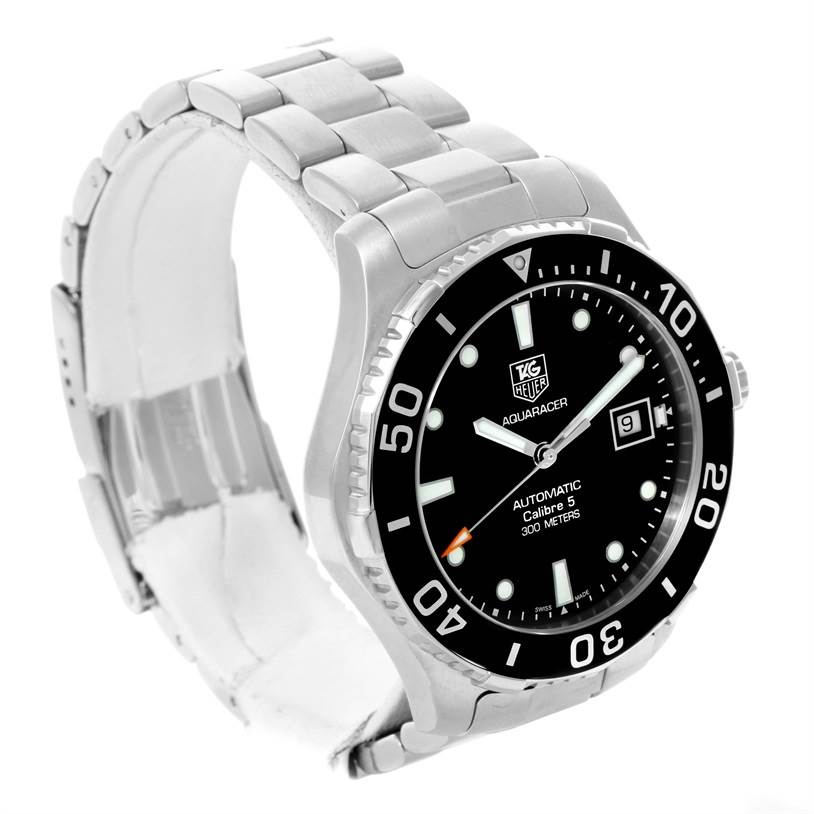 This image shows a side angle of the Tag Heuer Aquaracer WAN2110.BA0822 Men's Stainless Steel Black Dial WAN2110.BA0822 Men's Stainless Steel Black Dial, displaying the face, bezel, and bracelet.