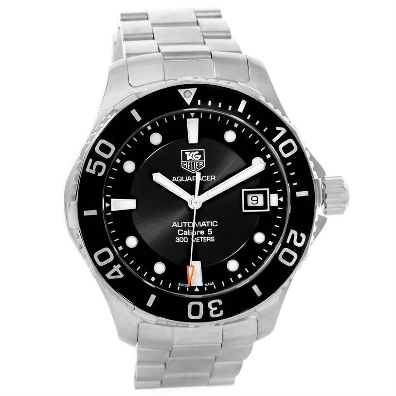 The image shows a front view of the Tag Heuer Aquaracer WAN2110.BA0822 Men's Stainless Steel Black Dial WAN2110.BA0822 Men's Stainless Steel Black Dial watch, displaying the face, bezel, and part of the bracelet.