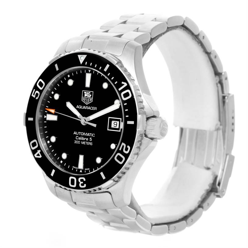 The image shows a Tag Heuer Aquaracer WAN2110.BA0822 Men's Stainless Steel Black Dial WAN2110.BA0822 Men's Stainless Steel Black Dial watch at a three-quarter angle, highlighting its face, bezel, and metal band.