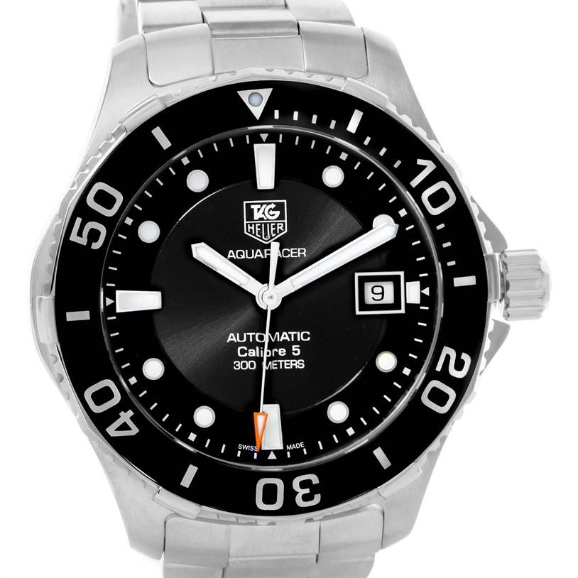 The image shows a front view of the Tag Heuer Aquaracer WAN2110.BA0822 Men's Stainless Steel Black Dial WAN2110.BA0822 Men's Stainless Steel Black Dial watch, featuring its face, bezel, and part of the bracelet.
