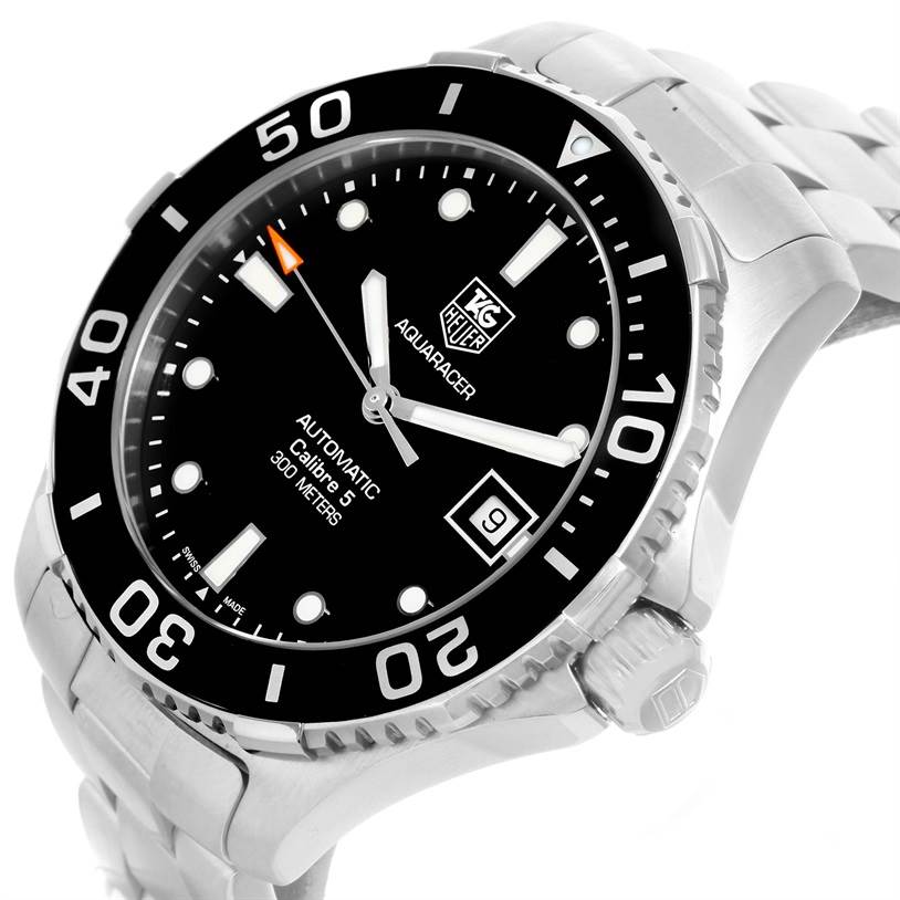 This image shows a side-angle view of the Tag Heuer Aquaracer WAN2110.BA0822 Men's Stainless Steel Black Dial WAN2110.BA0822 Men's Stainless Steel Black Dial watch, highlighting its bezel, face, crown, and part of the bracelet.