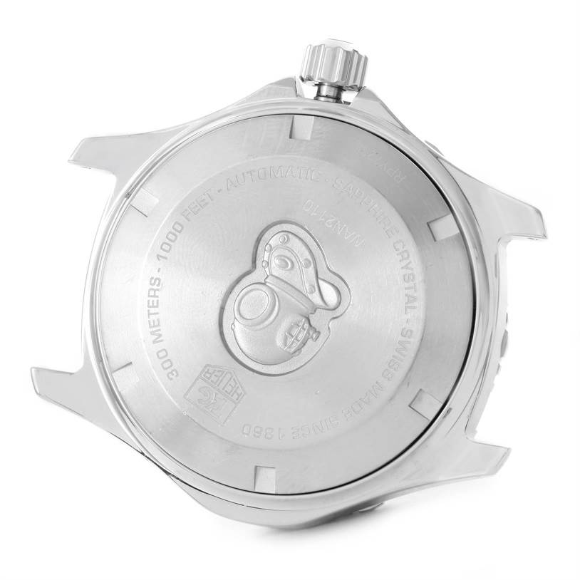 The image shows the back case of a Tag Heuer Aquaracer WAN2110.BA0822 Men's Stainless Steel Black Dial WAN2110.BA0822 Men's Stainless Steel Black Dial watch, highlighting the engraving and markings.