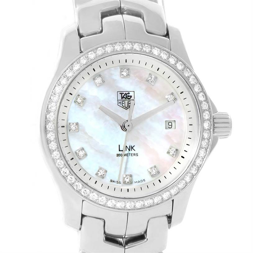 The image shows a front view of a Tag Heuer Link WJF1319.BA0572 Women's Stainless Steel Mother of Pearl Dial WJF1319.BA0572 Women's Stainless Steel Mother of Pearl Dial model watch, featuring a mother-of-pearl dial and diamond bezel.