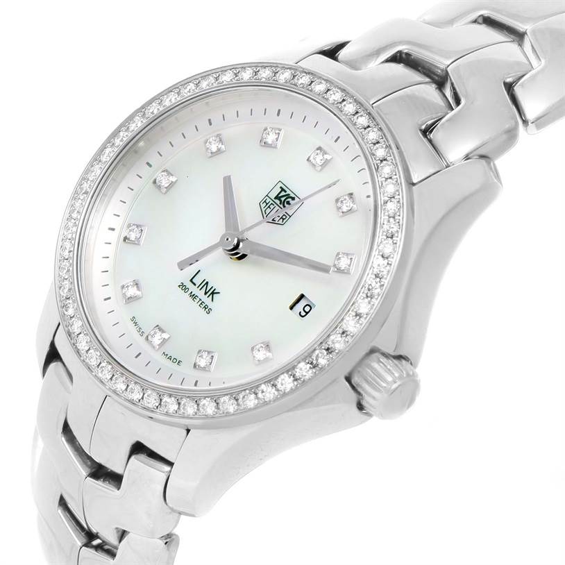 The image shows a Tag Heuer Link WJF1319.BA0572 Women's Stainless Steel Mother of Pearl Dial WJF1319.BA0572 Women's Stainless Steel Mother of Pearl Dial model watch at a slight angle, highlighting the dial, bezel, and part of the bracelet.