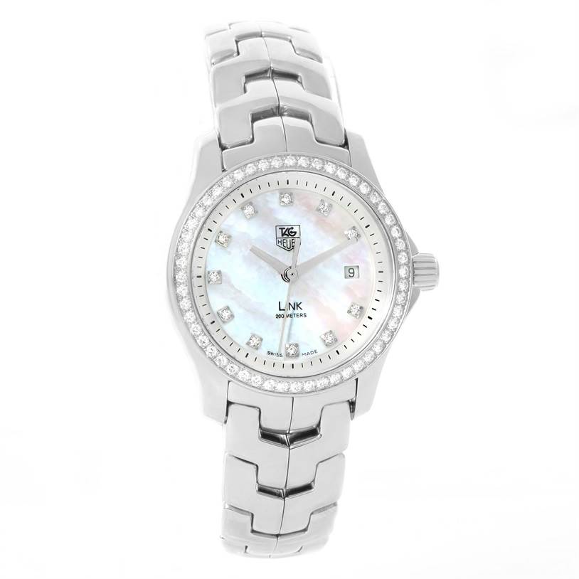 The Tag Heuer Link WJF1319.BA0572 Women's Stainless Steel Mother of Pearl Dial WJF1319.BA0572 Women's Stainless Steel Mother of Pearl Dial watch is shown from a frontal angle, highlighting its dial, bezel, and bracelet.