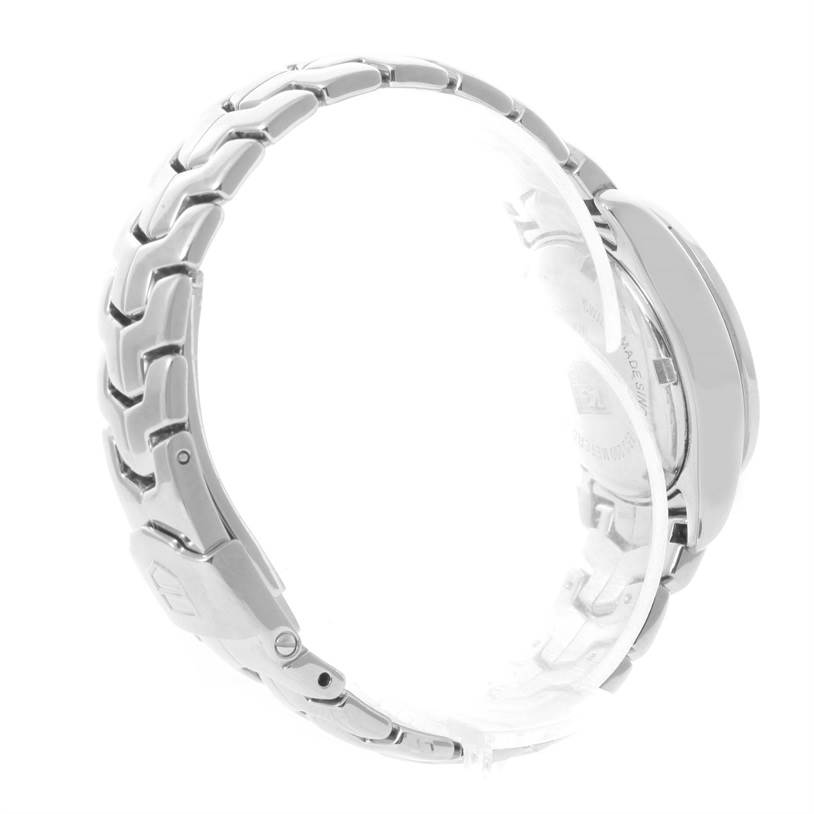 The image displays a side view of a Tag Heuer Link WJF1319.BA0572 Women's Stainless Steel Mother of Pearl Dial WJF1319.BA0572 Women's Stainless Steel Mother of Pearl Dial model watch, focusing on the bracelet and caseback.