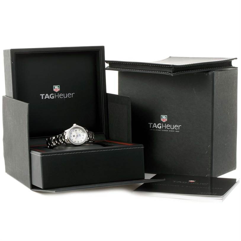 The image shows a Tag Heuer Link WJF1319.BA0572 Women's Stainless Steel Mother of Pearl Dial WJF1319.BA0572 Women's Stainless Steel Mother of Pearl Dial watch with its packaging and documentation from a front angle.