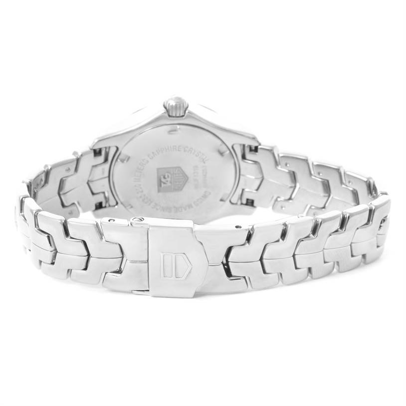 The image shows the back view of a Tag Heuer Link WJF1319.BA0572 Women's Stainless Steel Mother of Pearl Dial WJF1319.BA0572 Women's Stainless Steel Mother of Pearl Dial model watch, highlighting its clasp and bracelet.