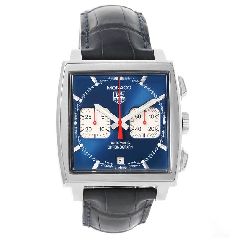 The image shows a front view of a Tag Heuer Monaco CW2113 Men
s Stainless Steel Blue Dial CW2113 Men
s Stainless Steel Blue Dial watch, displaying its square blue dial, subdials, and black leather strap.