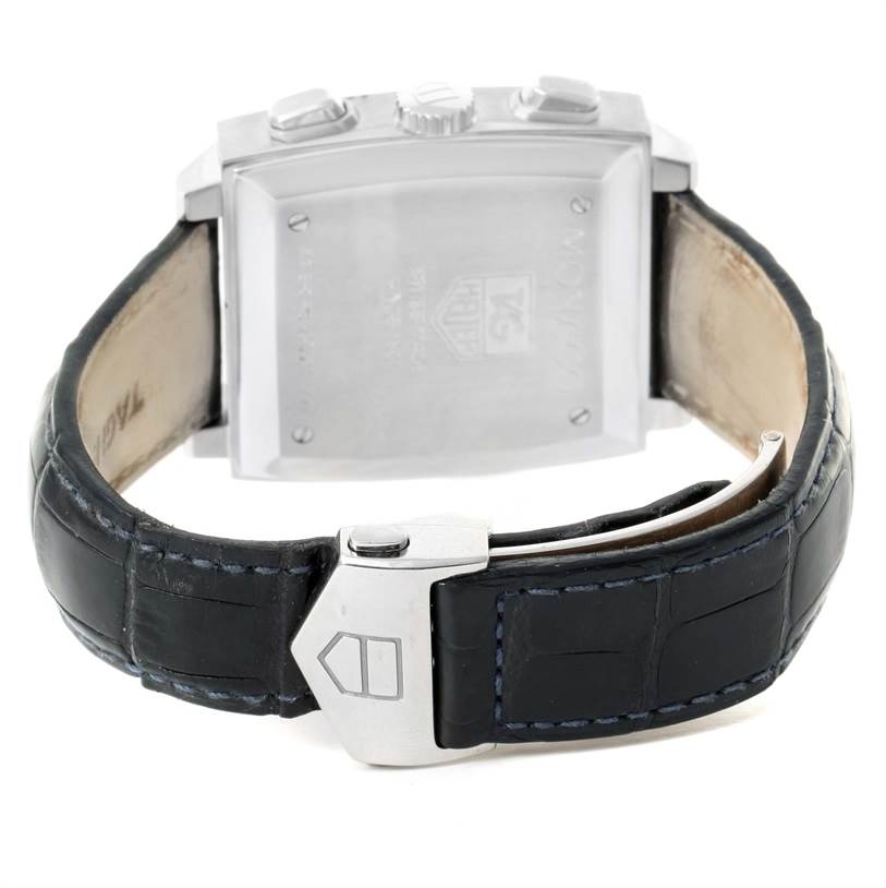 The image shows the back case and clasp of a Tag Heuer Monaco CW2113 Men
s Stainless Steel Blue Dial CW2113 Men
s Stainless Steel Blue Dial watch, featuring a black leather strap.