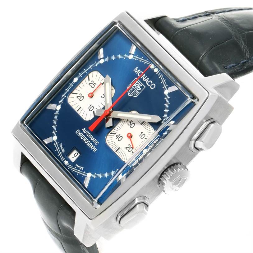 The Tag Heuer Monaco CW2113 Men
s Stainless Steel Blue Dial CW2113 Men
s Stainless Steel Blue Dial watch is shown at an angled view, displaying the dial, crown, pushers, and strap.