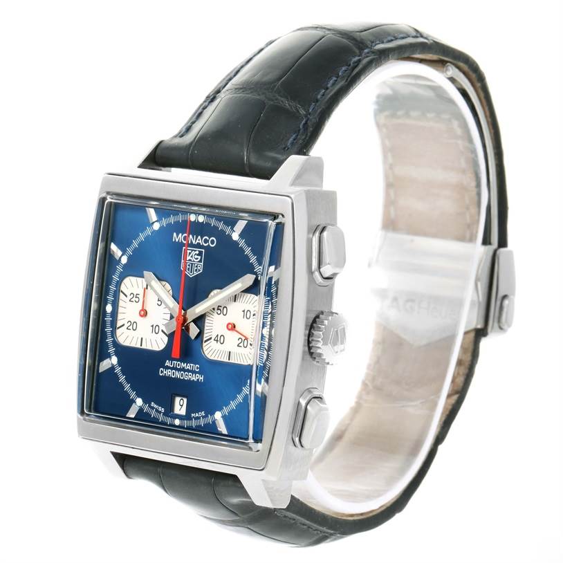 The Tag Heuer Monaco CW2113 Men
s Stainless Steel Blue Dial CW2113 Men
s Stainless Steel Blue Dial model watch is shown at an angled view, highlighting the dial, case, crown, and strap.