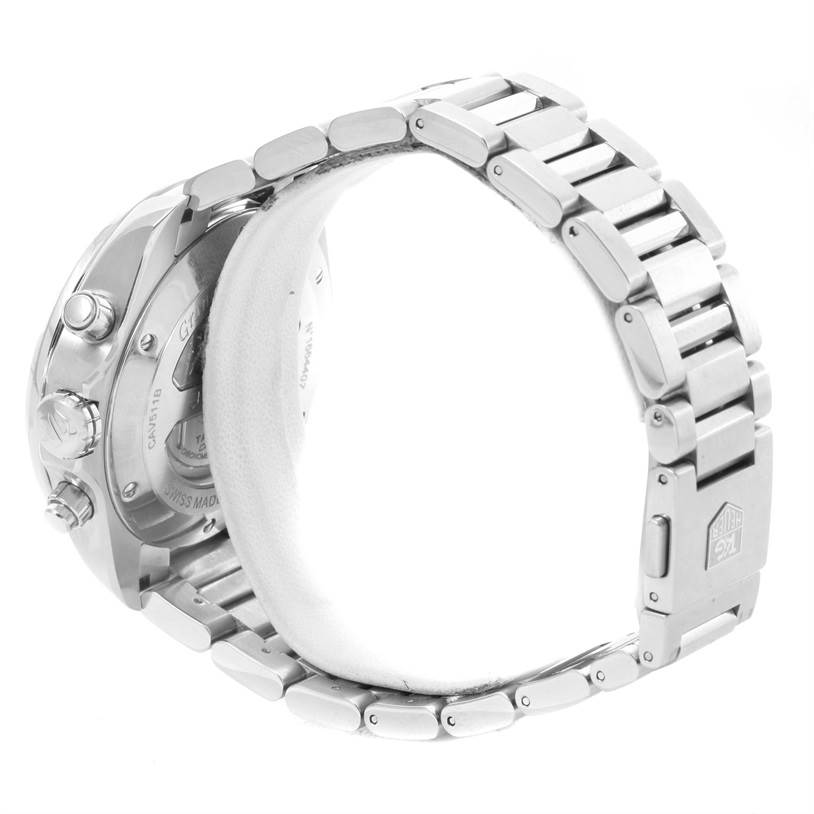 The image shows a side and partial back view of a Tag Heuer Carrera CAV511B Men's Stainless Steel Silver Dial CAV511B Men's Stainless Steel Silver Dial watch, highlighting its metal bracelet and clasp.