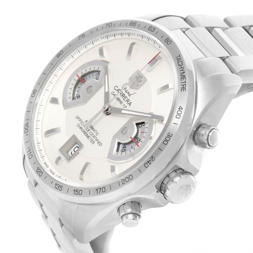 The image shows a close-up, angled view of the face and side buttons of the Tag Heuer Carrera CAV511B Men's Stainless Steel Silver Dial CAV511B Men's Stainless Steel Silver Dial watch model.