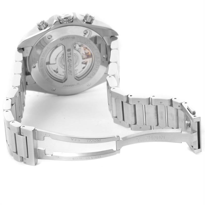 This image shows the back case and opened stainless steel bracelet of a Tag Heuer Carrera CAV511B Men's Stainless Steel Silver Dial CAV511B Men's Stainless Steel Silver Dial watch from a rear angle.