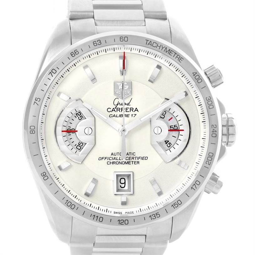 The image shows a head-on view of a Tag Heuer Carrera CAV511B Men's Stainless Steel Silver Dial CAV511B Men's Stainless Steel Silver Dial Calibre 17 watch, highlighting its dial, subdials, bezel, and bracelet.