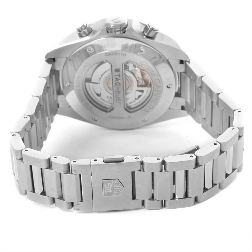 The image shows the back view of the Tag Heuer Carrera CAV511B Men's Stainless Steel Silver Dial CAV511B Men's Stainless Steel Silver Dial watch, highlighting the case back, bracelet, clasp, and adjustment buttons.