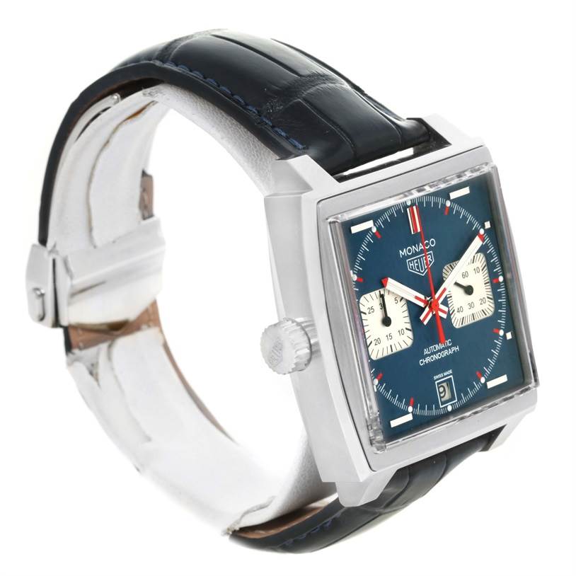 The image shows a side angle of the Tag Heuer Monaco CAW211P Men's Stainless Steel Blue Dial CAW211P Men's Stainless Steel Blue Dial watch, highlighting its dial and strap.