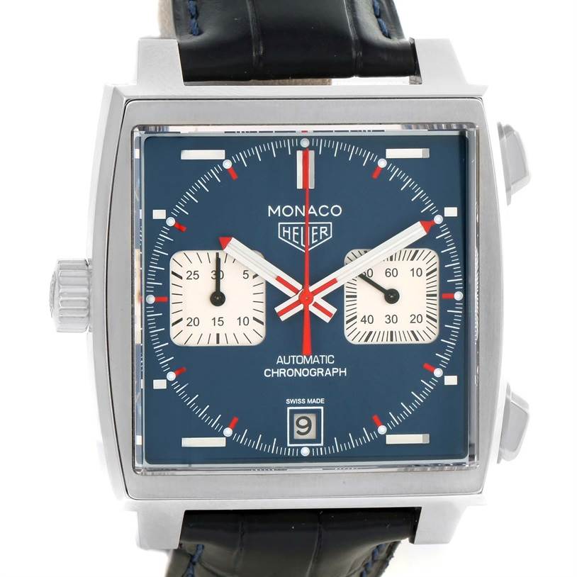The watch is a Tag Heuer Monaco CAW211P Men's Stainless Steel Blue Dial CAW211P Men's Stainless Steel Blue Dial model, shown from the front, displaying its blue square dial with subdials and a date window.