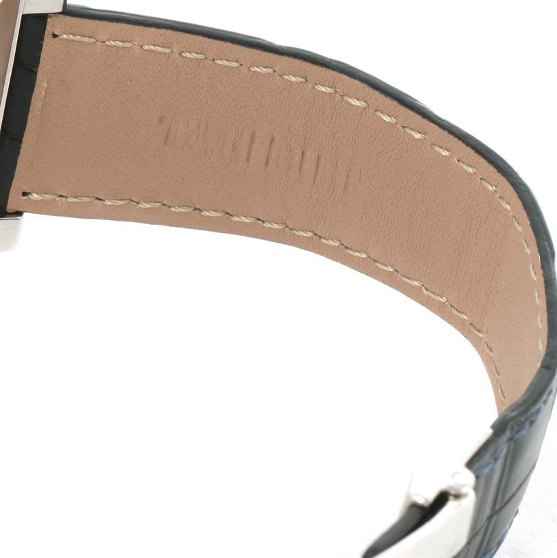 The image shows the inner side of the leather strap of a Tag Heuer Monaco CAW211P Men's Stainless Steel Blue Dial CAW211P Men's Stainless Steel Blue Dial watch, including stitching details and part of the clasp.