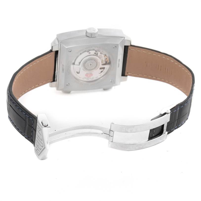 This image shows the back view of the Tag Heuer Monaco CAW211P Men's Stainless Steel Blue Dial CAW211P Men's Stainless Steel Blue Dial watch, displaying its movement and deployment clasp.