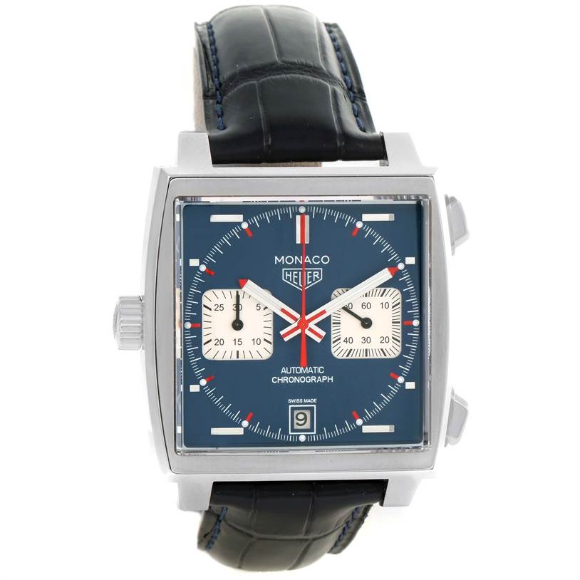The image shows a front view of a Tag Heuer Monaco CAW211P Men's Stainless Steel Blue Dial CAW211P Men's Stainless Steel Blue Dial watch, highlighting the dial, case, strap, and sub-dials.