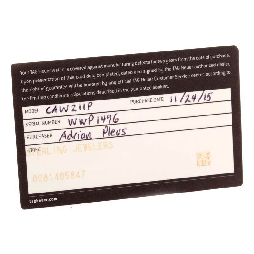 This image shows a warranty card for the Monaco model by Tag Heuer, including the model and serial number, purchase date, and purchaser's name.
